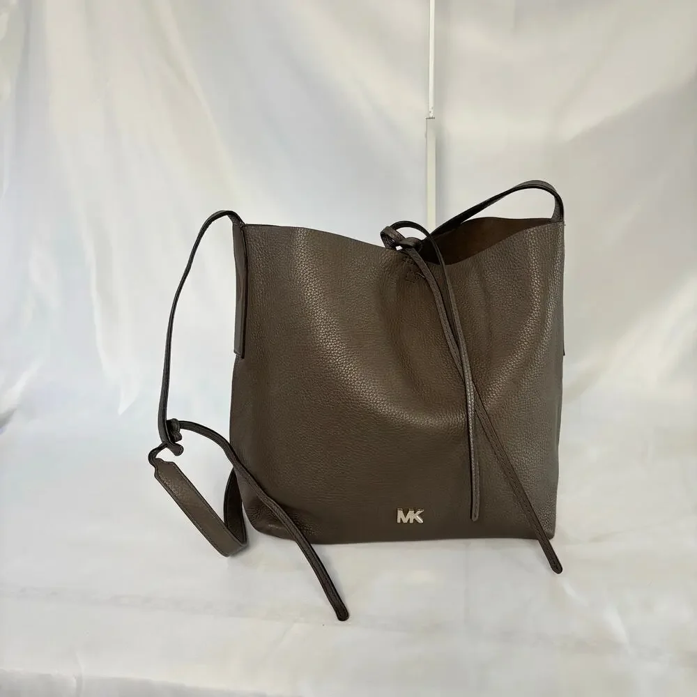 Michael Kors Junie Large Pebbled Leather Messenger Green Taupe Shoulder Bag